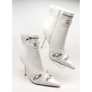 Liliana White Vegan Faux Leather Studded Ankle Boots Pointed Toe Women Size 8 M